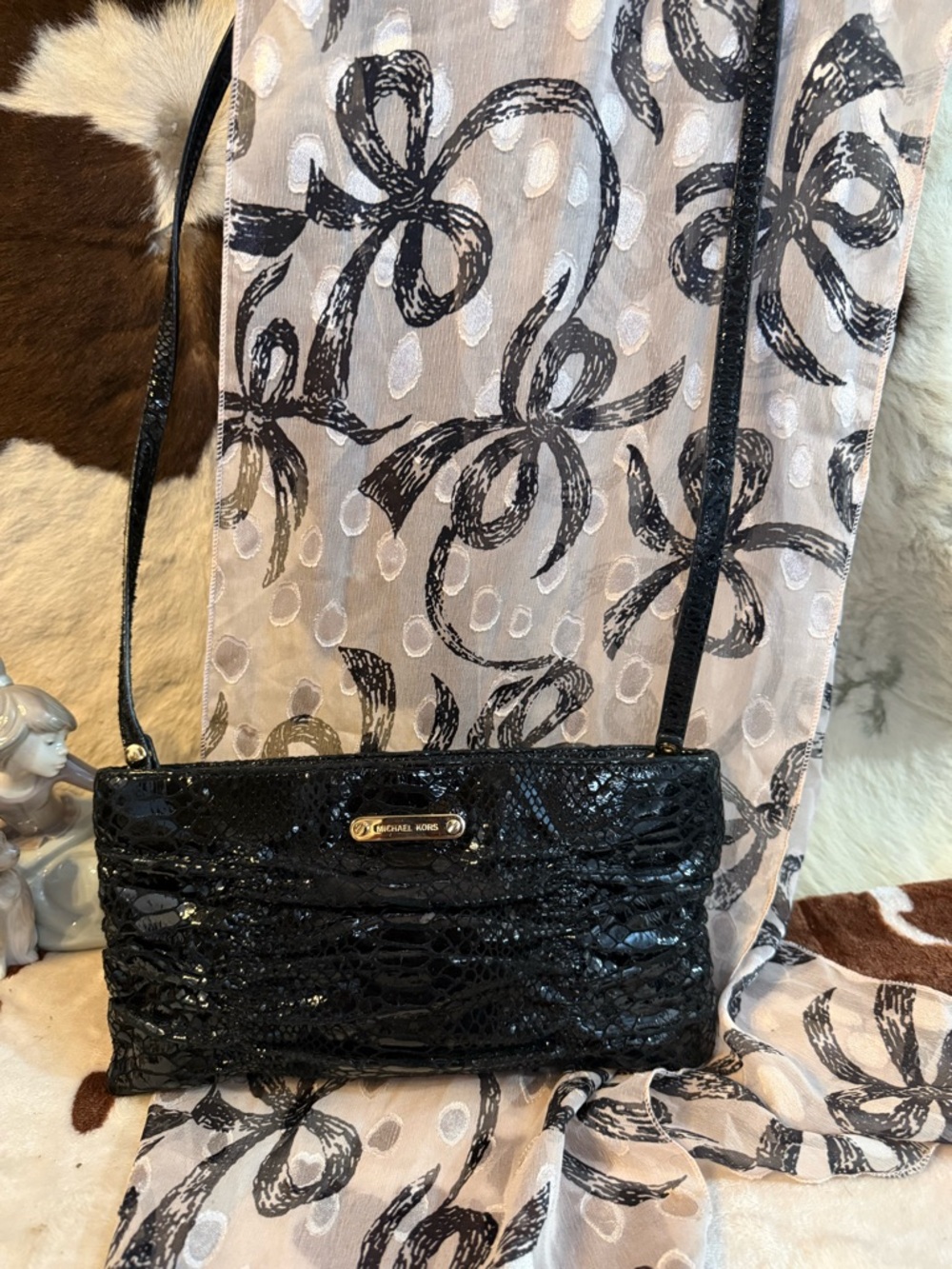 Michael Kors Black Embossed Crossbody with Gold Logo Plaque
